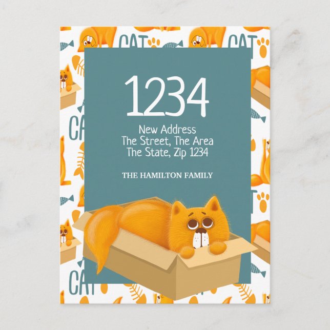 Cute Cat i en låda - vi har Flyttat hem Vykort (Framsida)