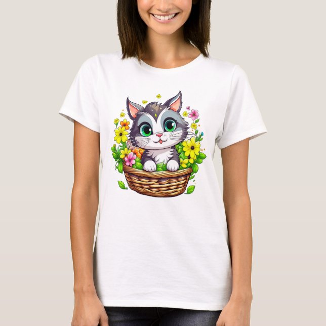 Cute Cat i Flowers vår Påsk T Shirt (Framsida)