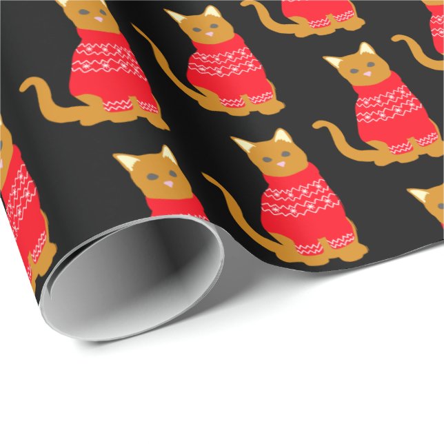 Cute Cat i julens Jumper Red Black Patterned Presentpapper (Rullad Hörn)