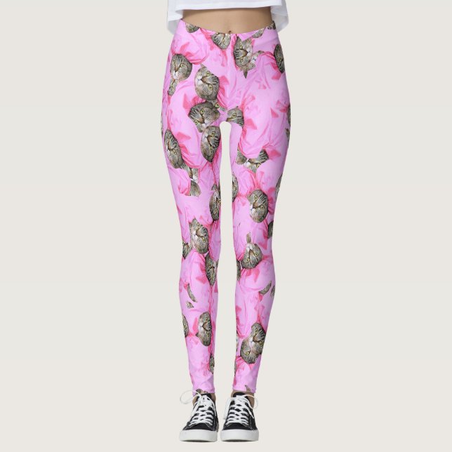 Cute Cat i Rosa Cap Mönster Random Leggings (Framsida)