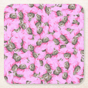 Cute Cat i Rosa Cap Mönster Random Underlägg Papper Kvadrat