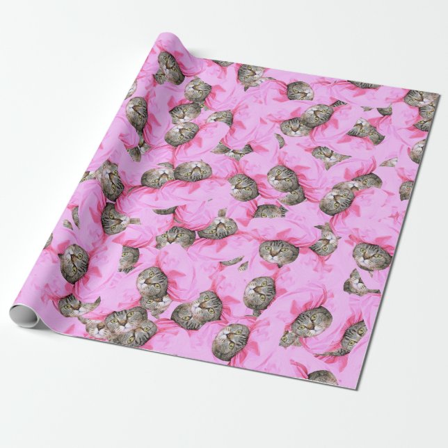 Cute Cat i Rosa Cap Mönster Wrapping Papper Presentpapper (Utrullad)
