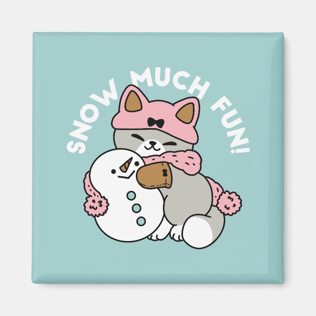 Cute Cat i Snö Gear med Snögubbe Art Magnet (Framsidan)