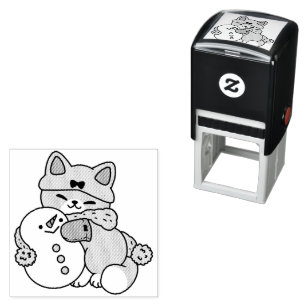 Cute Cat i Snö Gear med Snögubbe Art Självfärgande Stämpel