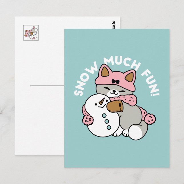 Cute Cat i Snö Gear med Snögubbe Art Vykort (Fram/baksida)