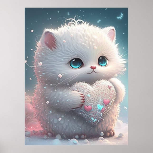 Cute Cat i Snö som håller Personlig i hjärtat Art  Poster (Framsidan)