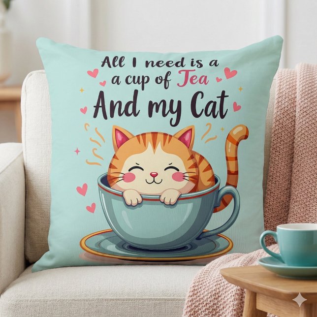Cute Cat i Tekopp Kawaii Mysigt konst Kudde (Cute Cat in Teacup Kawaii Cozy Art Throw Pillow Mockup A)