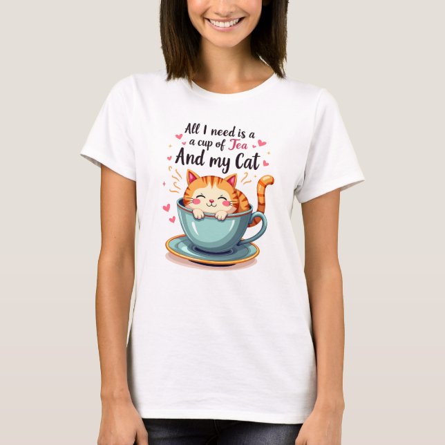 Cute Cat i Tekopp Kawaii Mysigt konst T Shirt (Framsida)