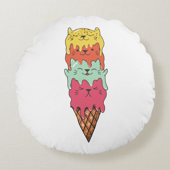 Cute Cat Ice Cream | Kawaii Kittens Rund Kudde (Framsidan)