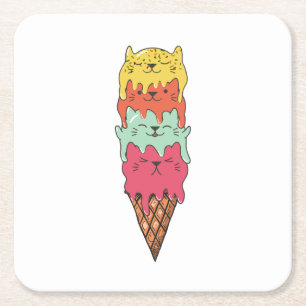 Cute Cat Ice Cream Kawaii Kittens Underlägg Papper Kvadrat