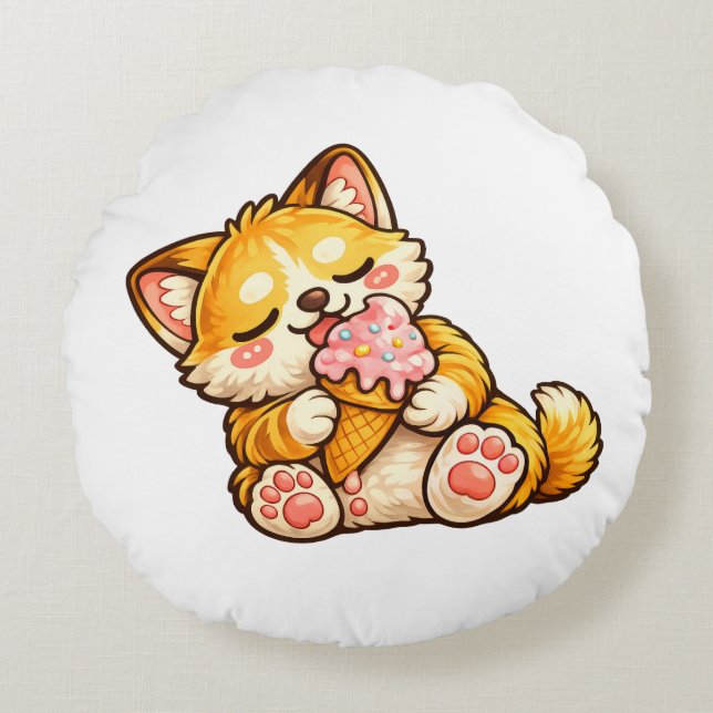 Cute Cat Ice Cream Rund Kudde (Framsidan)