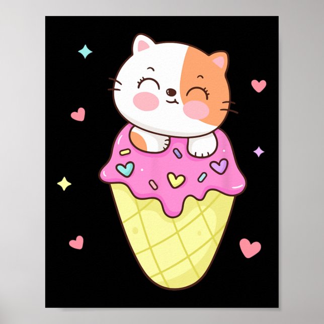 Cute Cat Ice Cream Shirt Anime Kawaii Kids Tonårin Poster (Framsidan)