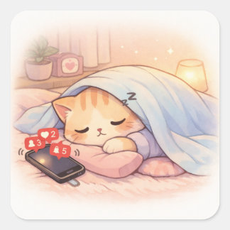Cute Cat Ignoring Phone Introvert Antisocial Humor Fyrkantigt Klistermärke