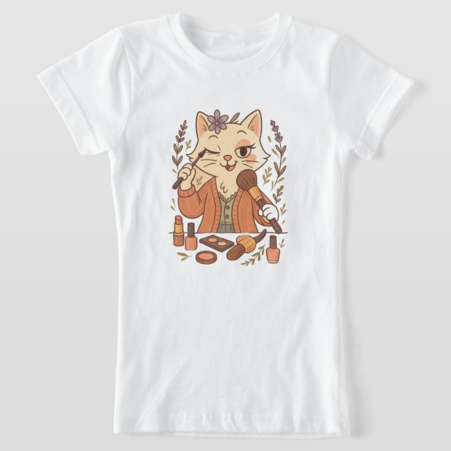 Cute Cat Illustration - Kattunge Doing Makeup T Shirt (Laydown)