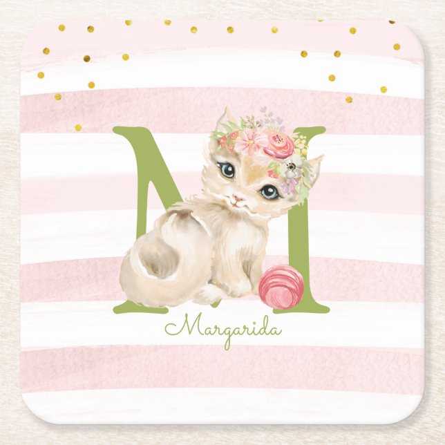 Cute Cat Illustration White Rosa Rand Girl Girl Ki Underlägg Papper Kvadrat (Framsidan)
