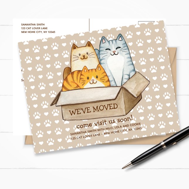Cute cat illustrerar flytta-meddelande helg vykort (Cute cats illustration moving announcement)