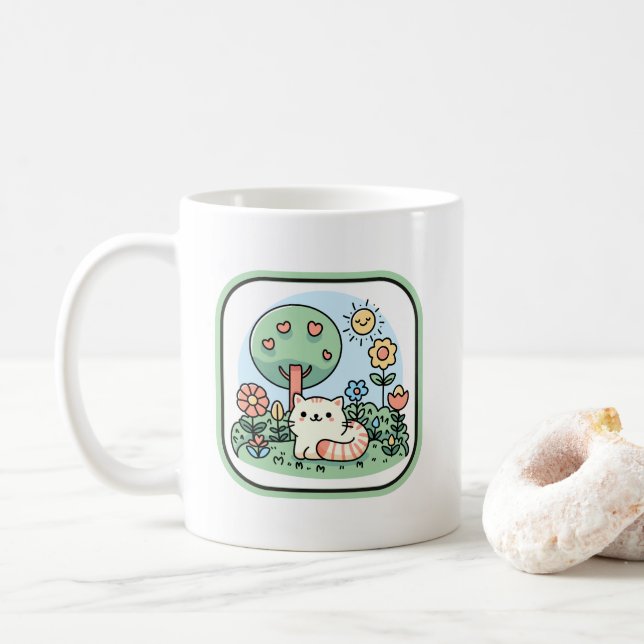 Cute Cat in a Garden Doodle Art Kaffemugg (Med munk)