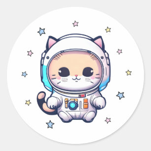 Cute Cat in Astronaut Kostym Flytande i rymden Runt Klistermärke