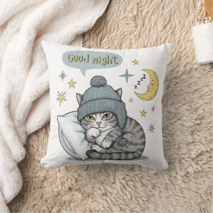 Cute Cat in Beanie Pillow - "Bra Natt Dekor" Kudde