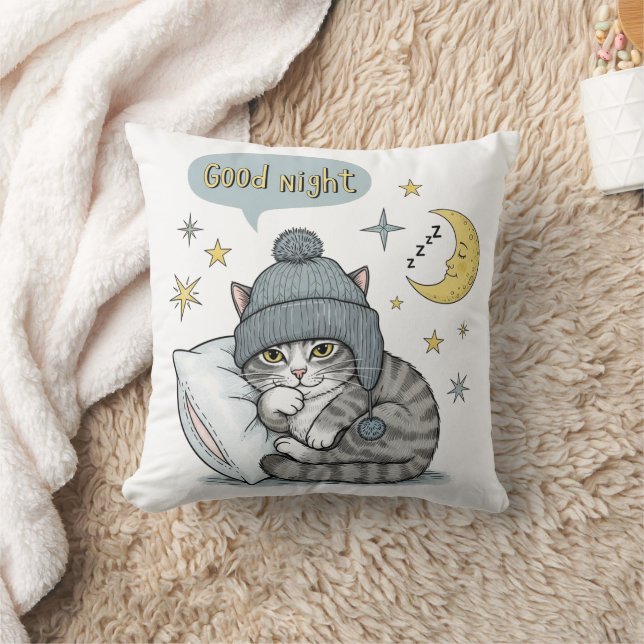 Cute Cat in Beanie Pillow - "Bra Natt Dekor" Kudde (Filt)