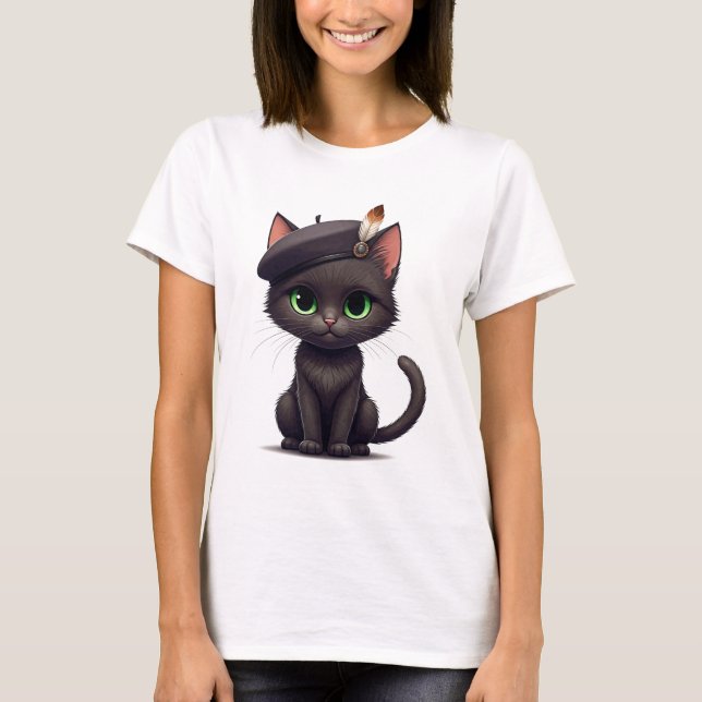 Cute Cat in Beret T-shirt (Framsida)