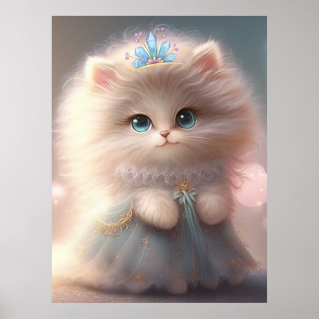 Cute Cat in Blue Dress Art Nursery Poster (Framsidan)