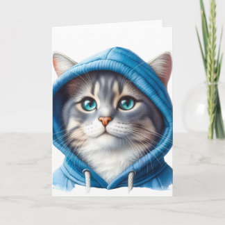Cute Cat in Blue Hoodie Adsible Kitten Art Blank Kort