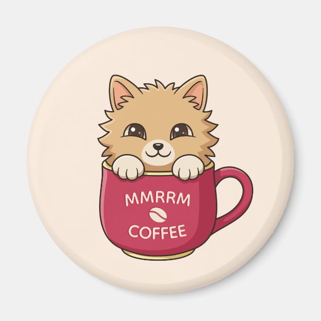 Cute Cat in Coffee Mug Beige Custom Text Magnet (Framsidan)