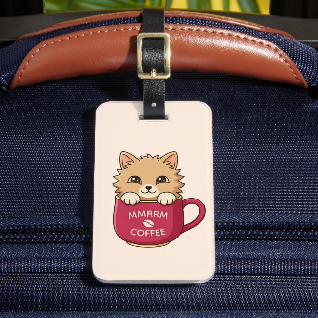 Cute Cat in Coffee Mug Custom Text Beige Bagagebricka (Framsida Insitu 2)