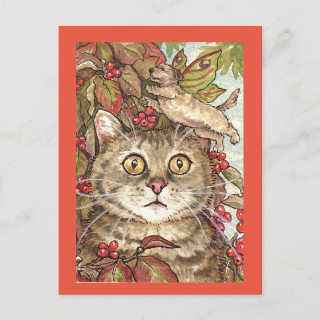 Cute Cat in Fall Dogwood Hund Fairy Autumn Postcar Vykort (Framsida)
