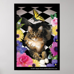Cute cat in fantasy-trädgård poster