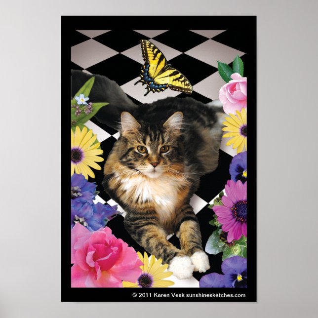 Cute cat in fantasy-trädgård poster (Framsidan)