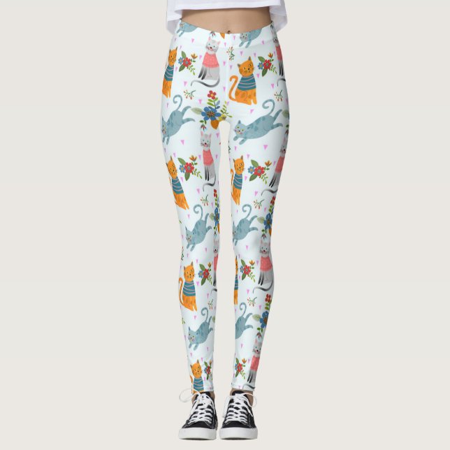 Cute Cat in Flowers Garden Mönster Leggings (Framsida)