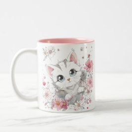 Cute Cat in Flowers Två-Tonad Mugg
