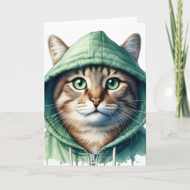 Cute Cat in Grönt Hoodie Funny Mysigt Kattunge Bla Kort (Framsida)