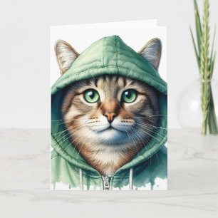 Cute Cat in Grönt Hoodie Funny Mysigt Kattunge Bla Kort