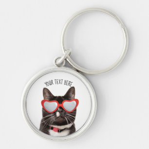 Cute Cat in Heart Glasses Rund Silverfärgad Nyckelring