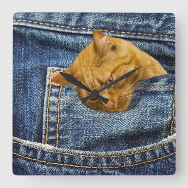 Cute cat in jeans fiffel illusion fyrkantig klocka (Framsida)