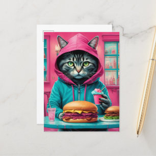 Cute Cat in Middag Med en ostburgare Feast Vykort