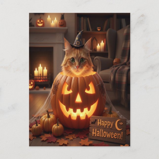 Cute Cat in Pumpkin Halloween for Cat Lovers Vykort (Framsida)