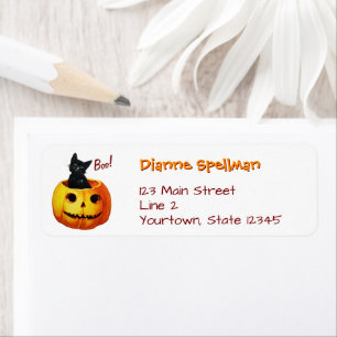Cute Cat in Pumpkin Halloween Returadress Etikett