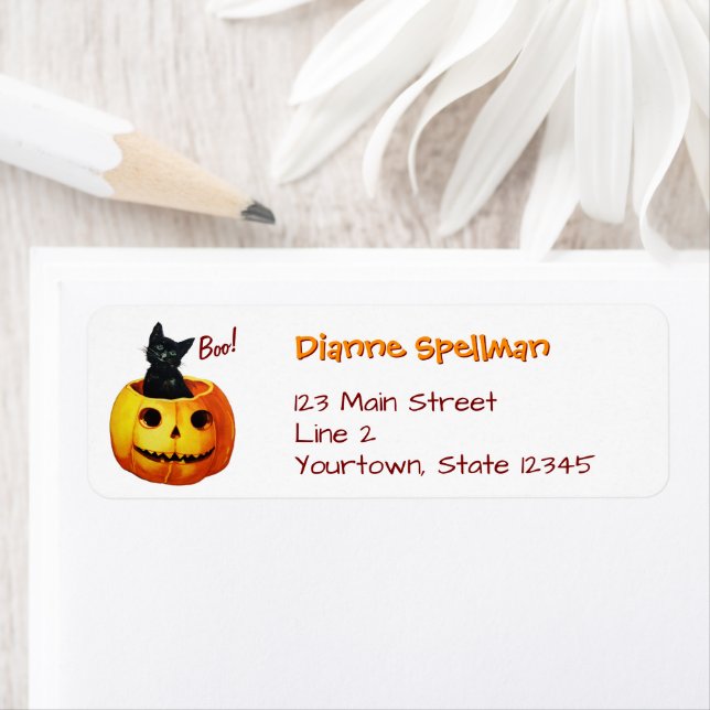 Cute Cat in Pumpkin Halloween Returadress Etikett (Insitu)