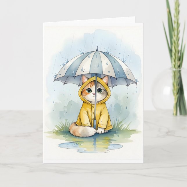 Cute Cat in Raincoat with Umbrella Watercolor  Kort (Framsida)