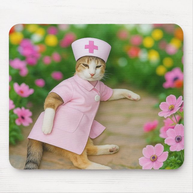 Cute Cat in Rosa Nurse Uniform Mousepad Musmatta (Framsidan)