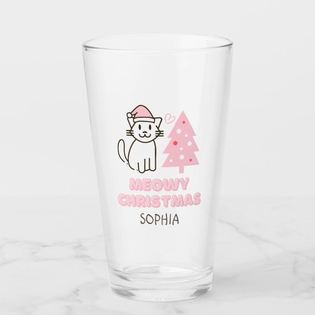 Cute Cat in Santa Hat&Träd Meowy-julpastel Glaskopp (Framsida)