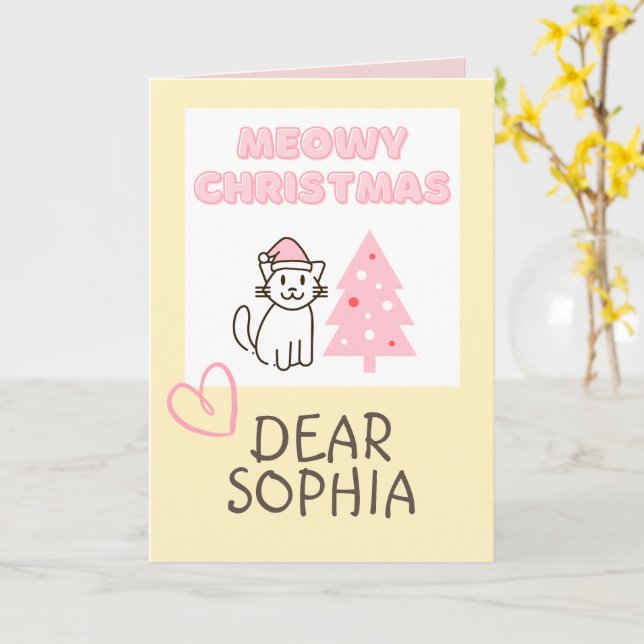 Cute Cat in Santa Hat&Träd Meowy-julpastel Kort (Gul blomma)