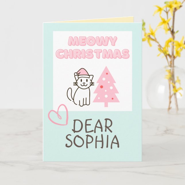 Cute Cat in Santa Hat&Träd Meowy-julpastel Kort (Gul blomma)
