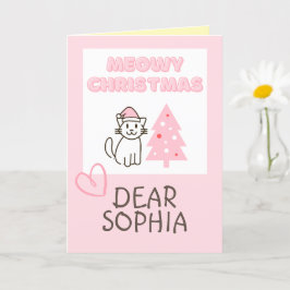 Cute Cat in Santa Hat&Träd Meowy-julpastel Kort