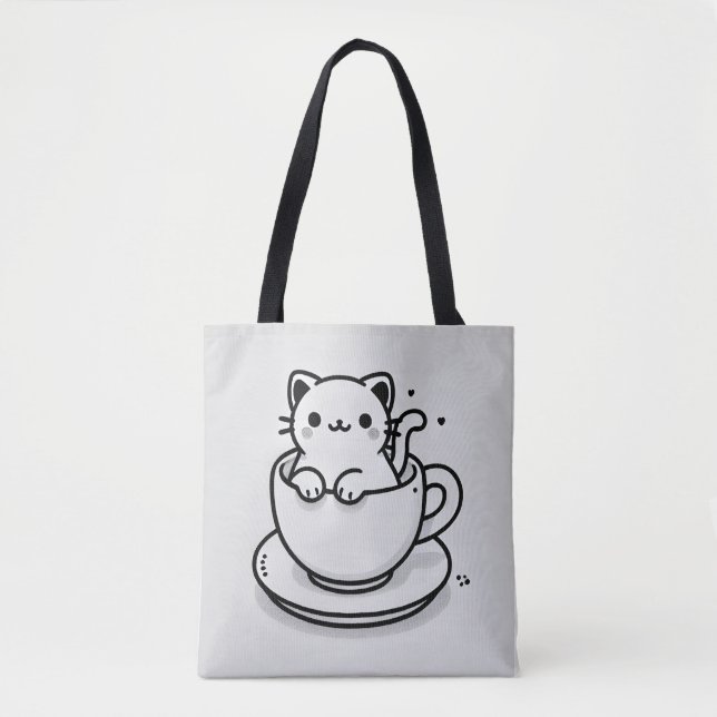Cute Cat in Teacup Tote Bag Tygkasse (Framsida)