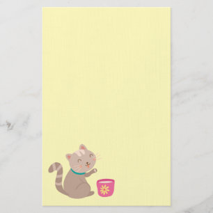 Cute cat in tekopp tecknad on mynt brevpapper